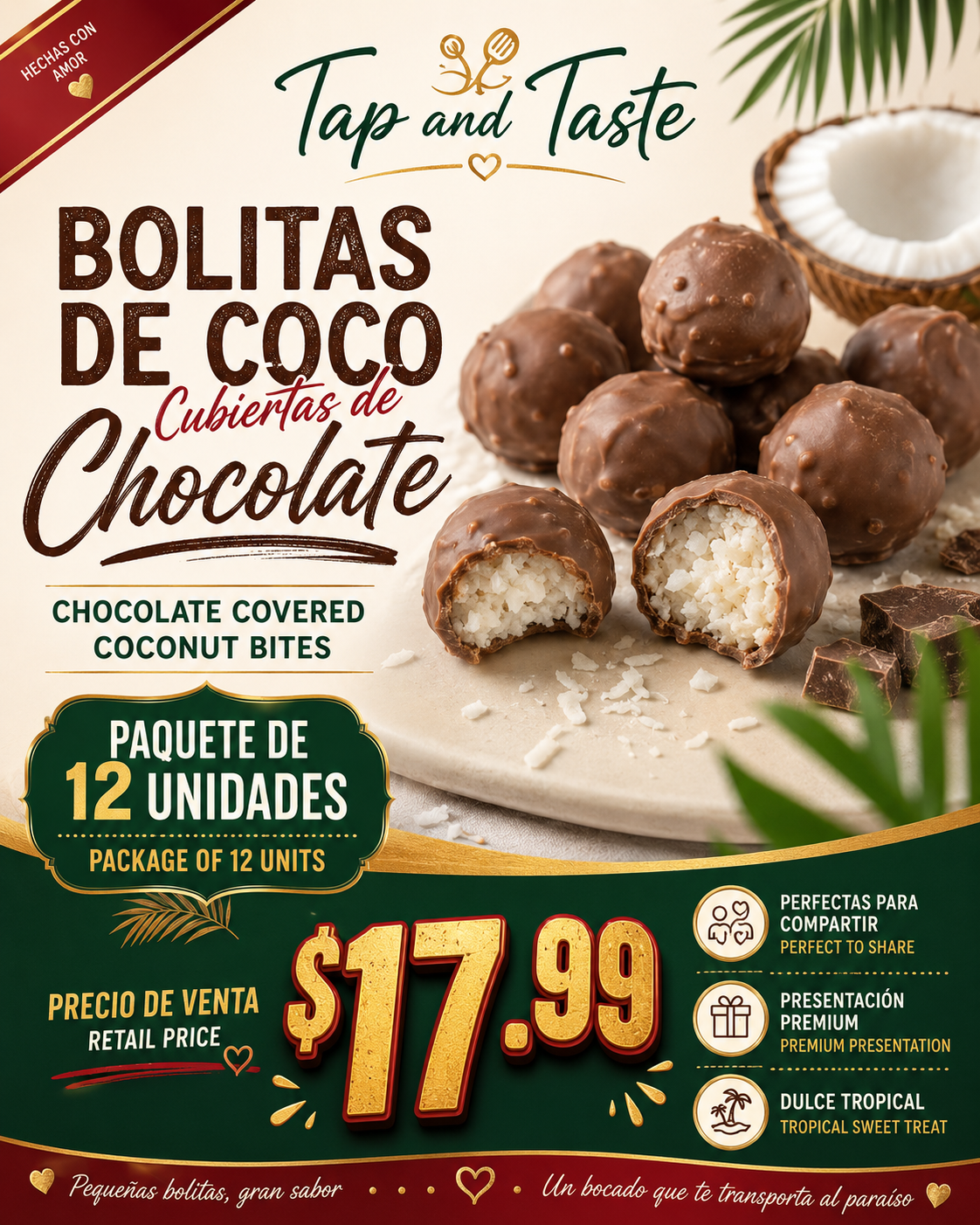 Bolitas de Coco Cubiertas de Chocolate / Chocolate Covered Coconut Bites pack 12