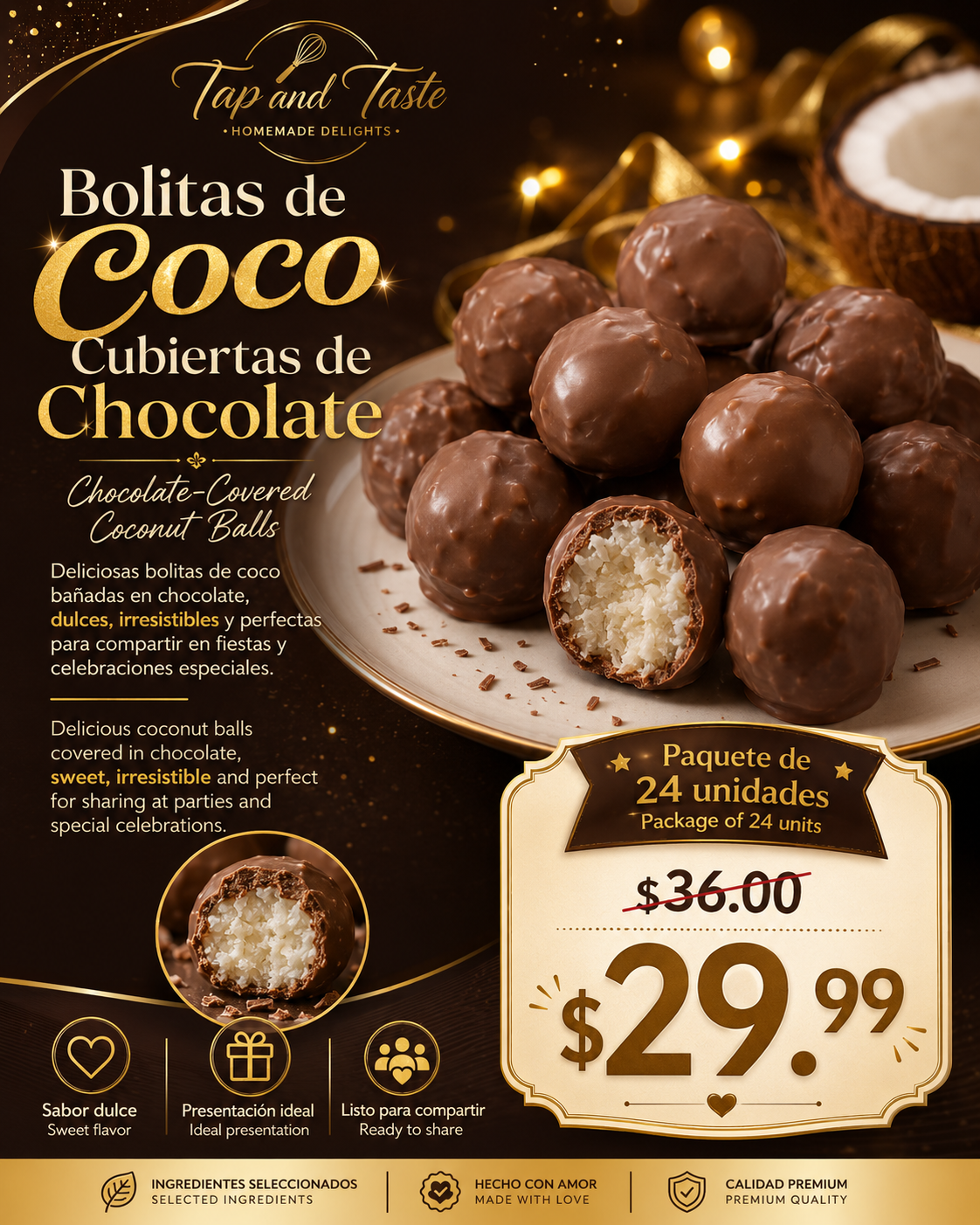 Bolitas de Coco Cubiertas de Chocolate / Chocolate Covered Coconut Bites pack 24