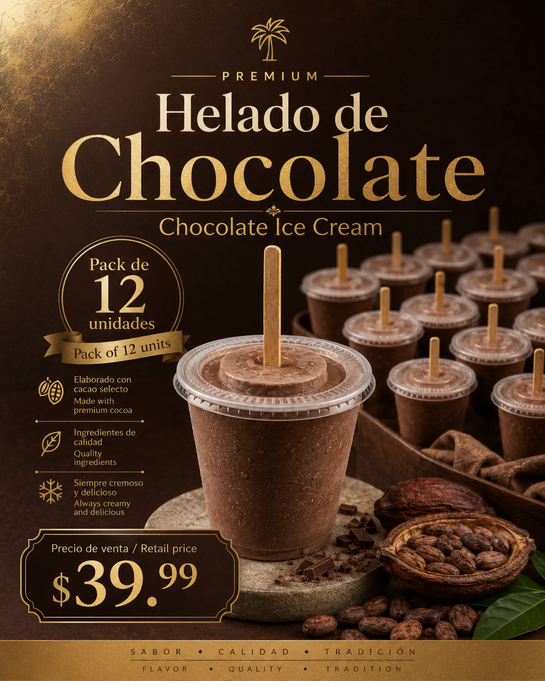 Helado de Chocolate / Chocolate Ice Cream 5oz pack 12