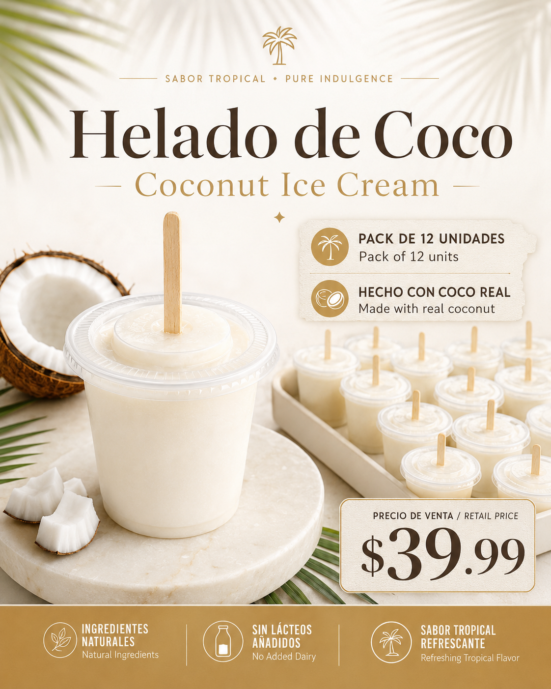Helado de Coco / Coconut Ice Cream 5oz pack 12