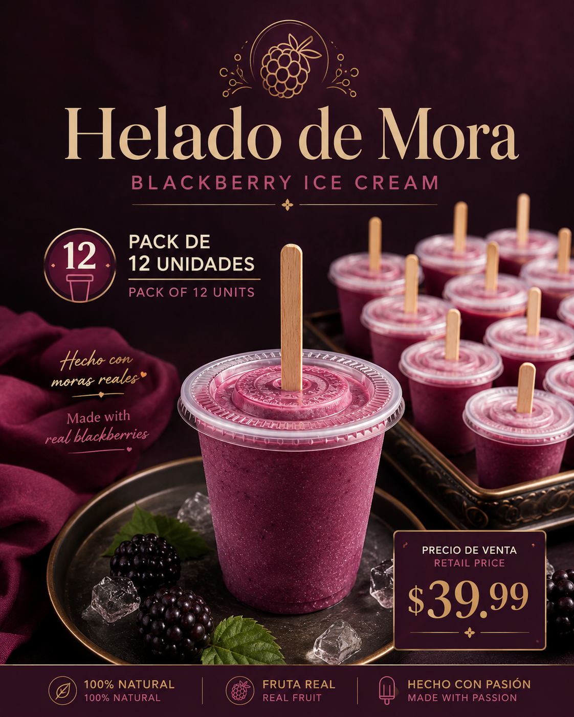 Helado de Mora / Blackberry Ice Cream 5oz pack 12