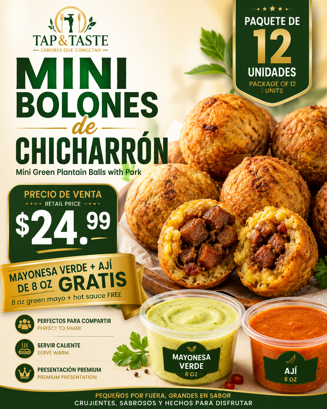 Mini Bolones de Chicharrón / Mini Green Plantain Balls with Pork pack 12