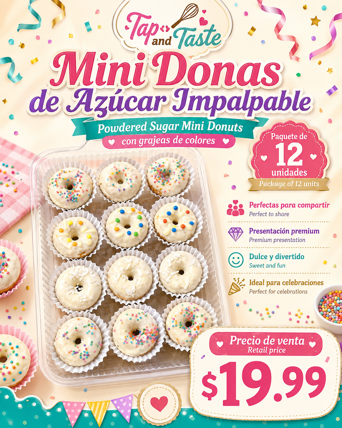 Mini Donas de Azúcar Impalpable con Grajeas / Powdered Sugar Mini Donuts with Sprinkles pack 12