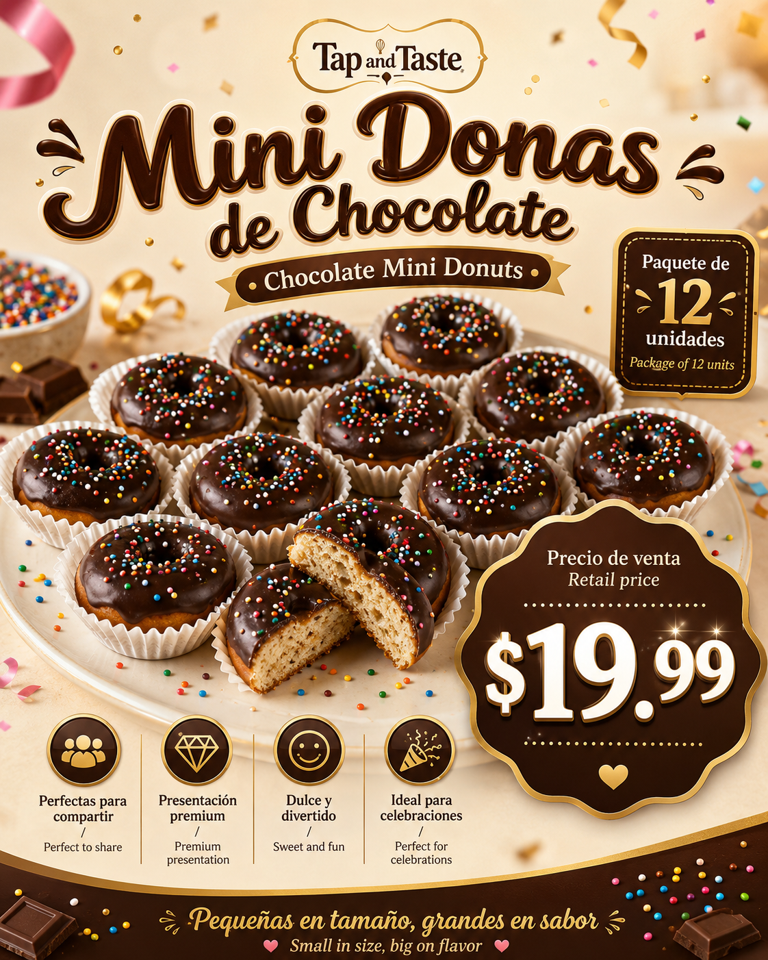 Mini Donas de Chocolate con Grajeas / Mini Chocolate Donuts with Sprinkles pack 12