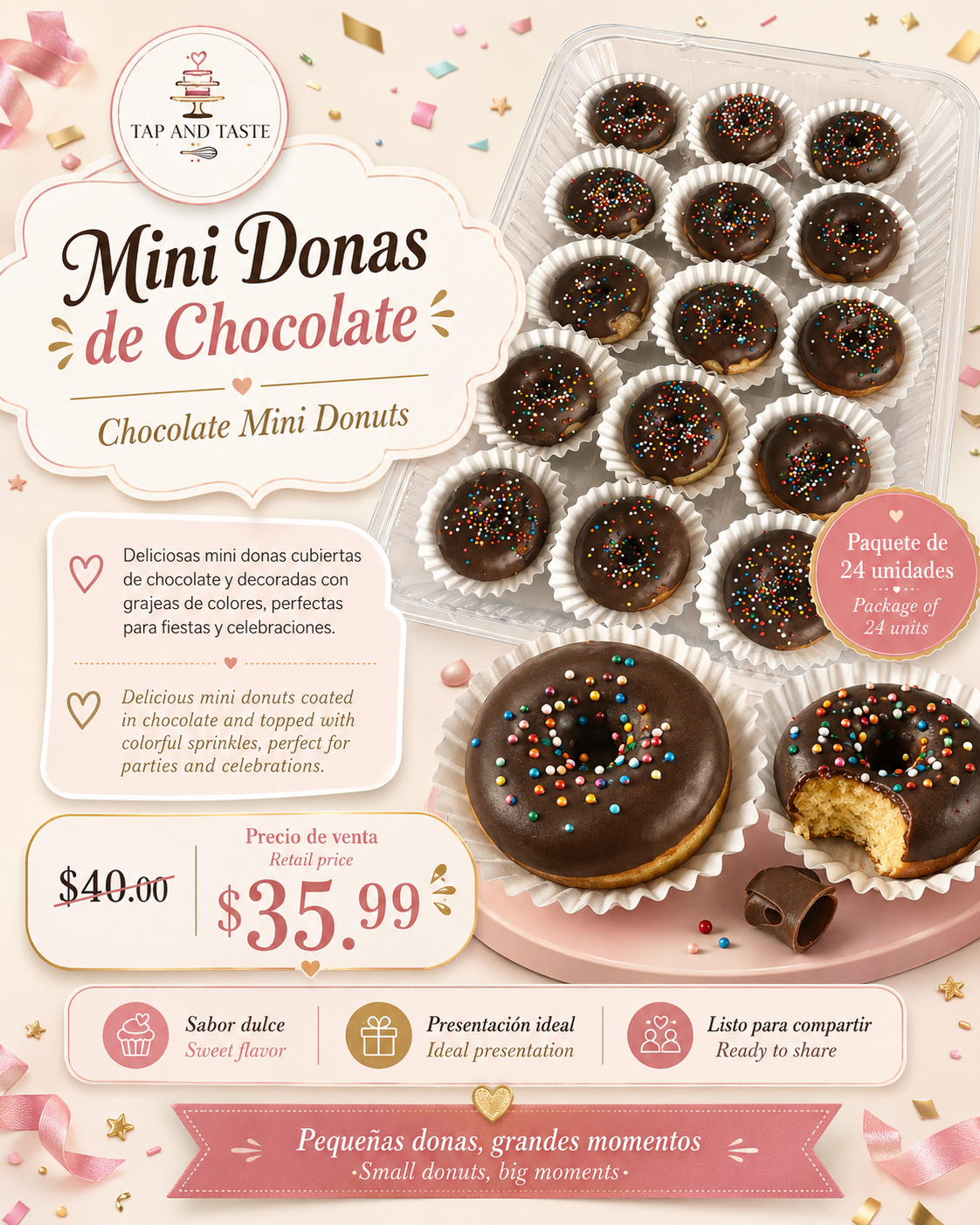 Mini Donas de Chocolate con Grajeas / Mini Chocolate Donuts with Sprinkles pack 24